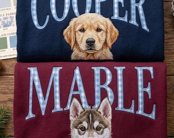 Custom Embroidered Dog Name Sweatshirt, Personalized Dog Mom Crewneck, Gingham Applique Pet Portrait Sweater, Dog Lover Christmas Gift Tee