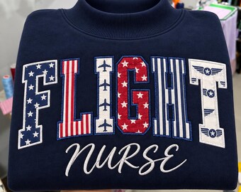 Embroidered Flight Nurse Sweatshirt, Patriotic Applique Airplane Navy Crewneck, Transport RN Medical Helicopter Sweater, Flight Crew Gift