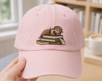 Otter-Lesebuch gestickter Hut, zurück zu Schule, Buchliebhaber-Baseballmütze, niedliche Otter-Mütze, Bibliothekargeschenk, Lesergeschenk für Bücherwurm