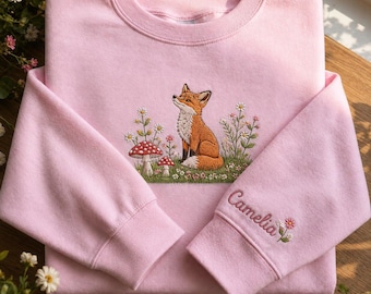 Personalized Embroidered Gardening Fox Sweatshirt, Cottagecore Fox T-Shirt, Forest Fox Crewneck, Nature Animal Gift, Woodland Fox Shirt