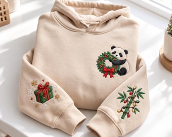 Embroidered Christmas Panda Hoodie, Cute Panda Bear Holiday Wreath Sweatshirt, Winter Sleeve Embroidery Xmas Gift, Cozy Bamboo Tree Pullover