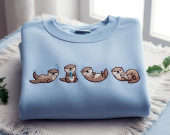 Sudadera bordada con nutrias marinas, Sudadera de cuello redondo con estampado de nutrias, Sudadera con capucha para amantes de las nutrias, Regalos de animales de la naturaleza, Camiseta de vida silvestre marina