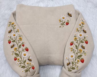 Strawberry Daisy Embroidered Hoodie, Bee and Wildflower Sleeve Sweatshirt, Cottagecore Floral Pullover, Garden Gift for Her