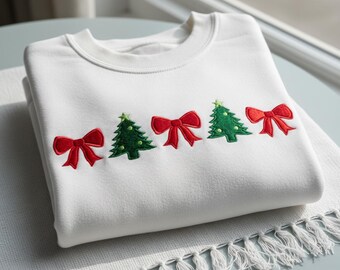 Christmas Tree Bow Embroidered Sweatshirt, Minimalist Holiday Crewneck, Coquette Festive Xmas Sweater, Cozy Winter Gift