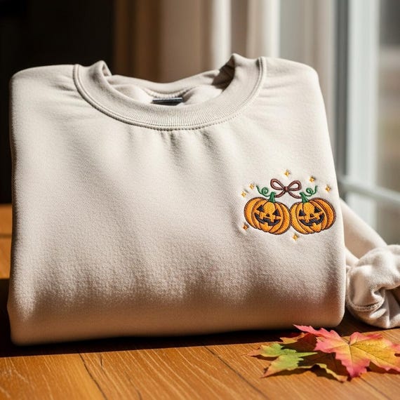 Embroidered Pumpkin Cherries Sweatshirt: Spooky Season Fall Crewneck