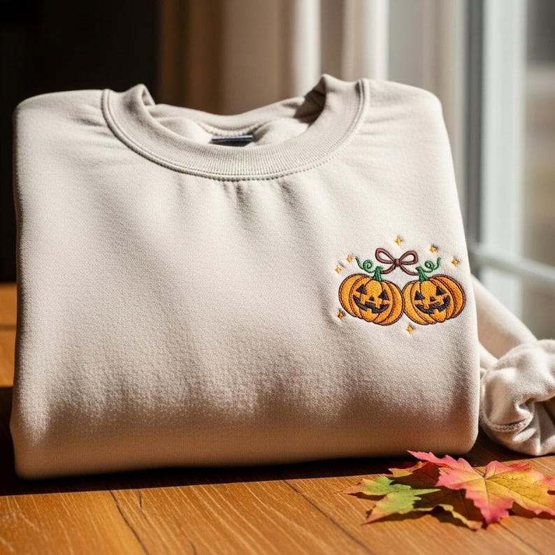 May include: A beige sweatshirt with an embroidered design of two smiling jack-o'-lanterns tied together with a brown bow. The pumpkins are orange with green vines and are surrounded by small yellow stars. The sweatshirt is folded on a wooden surface.