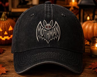 Mothman Gestickter Hut, Halloween Schwarz Gewaschene Kappe, Gothic Cryptid Baseballkappe, Gruselige Fledermaus Dad Hut, Horror Geschenk für Ihn Ihre Herbst Stil Kappe