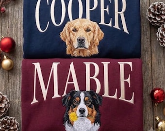 Embroidered Custom Dog Portrait Sweatshirt, Pet Name Crewneck, Custom Golden Retriever Sweater, Dog Mom Dad Christmas Gift