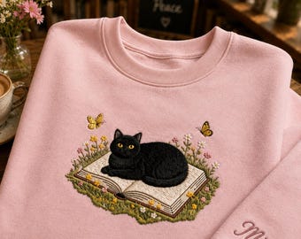 Personalized Embroidered Black Cat Bookish Sweatshirt, Floral Cat Reading Apparel, Book Lover Gift, Gift For Cat Mom Who Lover Book