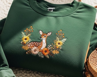 Floral Baby Deer Embroidered Sweatshirt, Fawn Lovers Crewneck, Forest Animals Hoodie, Wildlife Nature Tee, Cottagecore Shirt For Women