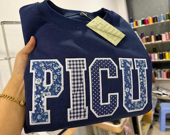 Embroidered Custom Sweatshirt Applique Letters, Personalized Nurse Crewneck Gingham Floral Patchwork Varsity Shirt Trendy Gift, PICU Nurse