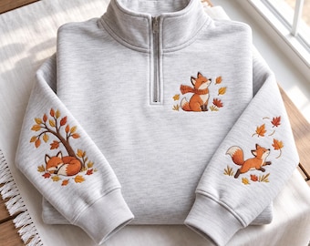 Embroidered Fox Quarter Zip Sweatshirt, Cozy Autumn Woodland Pullover, Sleeping and Running Fox Sleeve Design, Fall Leaves Gift for Women