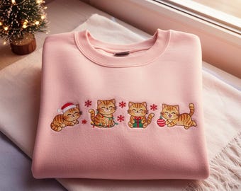 Christmas Cat Embroidered Sweatshirt, Xmas Cat Lover Crewneck, Winter Cat Shirt, Cat Mom Crewneck, Gift For Her, Cozy Holiday Hoodie