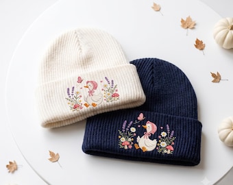 Embroidered Goose Beanie, Cottagecore Duck Winter Knit Hat, Floral Bonnet Goose Embroidered Skull Cap, Cute Cuffed Beanie Fall Unisex Gift