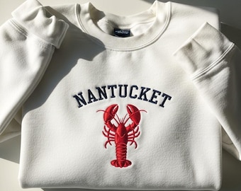 Embroidered Nantucket Lobster Sweatshirt, Coastal Aesthetic Crewneck, Beach Vacation Gift, Nature Lover Sea Life Tee, Summer Ocean T-Shirt