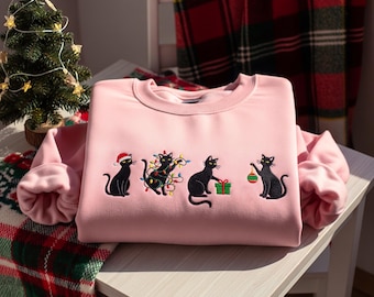 Christmas Black Cat Embroidered Sweatshirt, Cute Cat Lover Holiday Crewneck, Festive Cat Mom Gift, Cozy Xmas Winter Hoodie