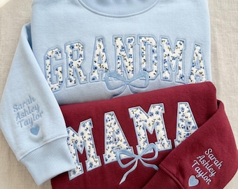 Custom Grandma Mama Sweatshirt, Floral Applique Coquette Bow Crewneck, Personalized Sleeve Kids Names Sweater, Mother's Day Gift Pullover