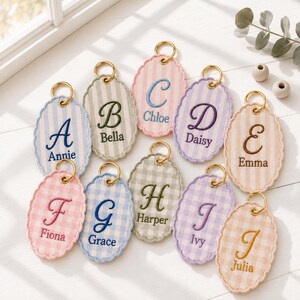 Personalized Name Keychain, Embroidered Initial Bag Tag, Custom Fabric Key Ring, Gingham Backpack Charm, Gift for Her and Kids