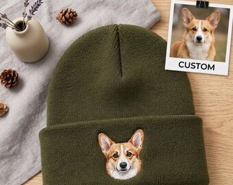 Custom Embroidered Dog Beanie Hat, Personalized Pet Portrait Cuffed Knit Cap, Corgi Dog Mom Winter Skull Hat, Animal Lover Outdoor Warm Gift