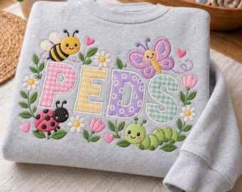 Embroidered Insect Peds Nurse Sweatshirt, Garden Bugs Applique Crewneck, Pediatric RN Spring Sweater, Bee Butterfly Hospital Nurse Gift Top