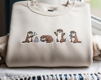 Sweatshirt geborduurde zeeotters, otterliefhebbers ronde hals, shirt ottermoeder, cadeau huisdiereigenaar, dierencadeau voor vrouwen, Ocean Wildlife-hoodie