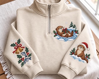 Embroidered Christmas Otter Quarter Zip Sweatshirt, Otters Winter Animal Pullover, Xmas Holiday Sleeve Embroidery Nature Lover Gift