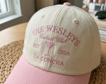 Cocktail Club Embroidered Hat, Personalized Name Year Cap, Vintage Bar Aesthetic Hat, Wedding Party Gift, Bachelorette Cap, Summer Cap