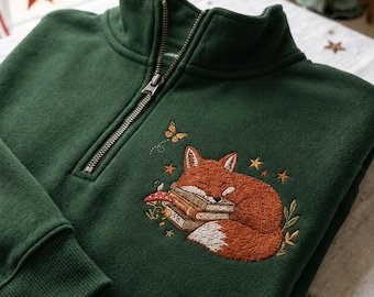 Embroidered Fox Bookish Quarter Zip Sweatshirt, Cozy Forest Animal Pullover, Woodland Cottagecore Gift, Fall Winter Nature Lover Shirt