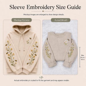 May include: Sleeve Embroidery Size Guide showing a beige hoodie and sweatshirt with floral and bee embroidery. Text includes Sleeve Embroidery Size Guide, Mockup Preview, Actual Result, and Max 24 cm / 9.4 in. The embroidery features daisies and bees.