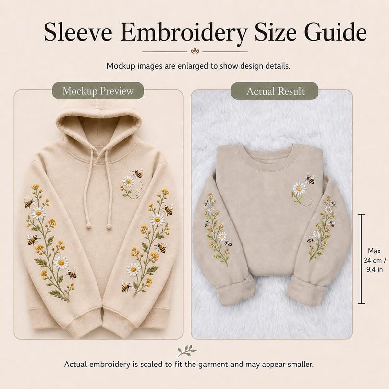 May include: Sleeve Embroidery Size Guide showing a beige hoodie and sweatshirt with floral and bee embroidery. Text includes Sleeve Embroidery Size Guide, Mockup Preview, Actual Result, and Max 24 cm / 9.4 in. The embroidery features daisies and bees.