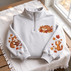 Orange Tabby Cat Embroidered Quarter Zip Sweatshirt, Autumn Maple Leaves and Hot Cocoa Pullover, Cozy Cat Lover Fall Gift