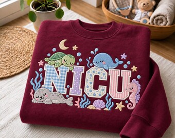 Embroidered NICU Nurse Sweatshirt, Cute Ocean Animal Applique Crewneck, Neonatal ICU RN Sweater, Sea Turtle Hospital Nursing Student Gift