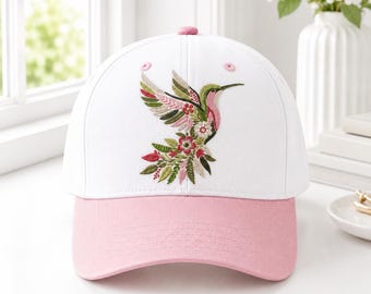 Kolibri gestickter Hut, zweifarbige Kolibri-Kappe, Blumenvogel-Baseballmütze, Frauen-Natur-Liebhaber-Geschenk, Cottagecore-Vater-Hut