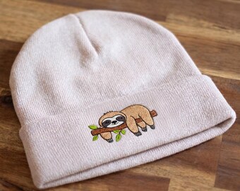 Embroidered Sloth Beanie Hat, Sleeping Sloth Knit Cap, Cozy Winter Cuffed Skull Cap, Lazy Animal Lover Nature Unisex Gift Top