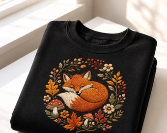 Embroidered Cozy Fox Sweatshirt, Nature Fall Animal Crewneck, Woodland Floral Fox Pullover, Botanical Wildlife Fox T-Shirt, Fall Sweatshirt