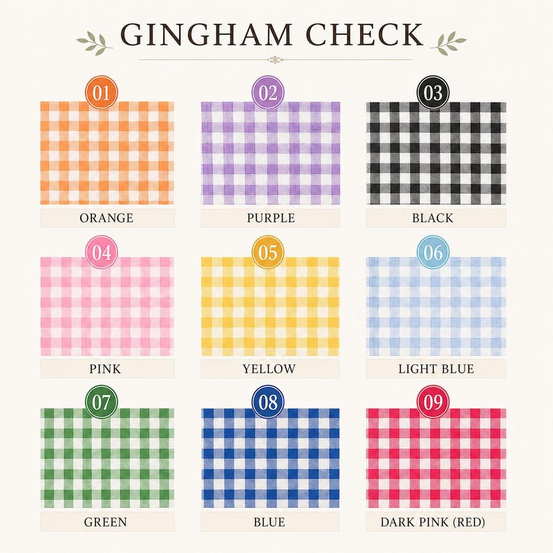 May include: A color chart titled GINGHAM CHECK displaying nine fabric swatches in orange, purple, black, pink, yellow, light blue, green, blue, and dark pink. Each swatch is numbered 01 through 09 with the corresponding color name printed below.
