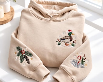 Embroidered Mallard Duck Christmas Hoodie, Festive Winter Bird Sleeve Sweatshirt, Cozy Hunting Holiday Pullover, Xmas Duck Lover Gift Top