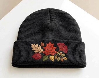 Embroidered Fall Leaves Beanie Hat, Autumn Maple Leaf Knit Cap, Cozy Winter Botanical Cuffed Skull Cap, Nature Lover Gift