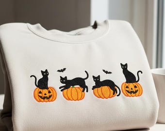 Sudadera de Halloween con gato negro bordado: cuello redondo de calabaza espeluznante