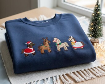 Bluza z haftowanym koniem, prezent dla miłośnika koni, okrągły dekolt z motywem zwierząt gospodarskich, świąteczna zimowa koszulka z koniem, sweter dla jeźdźca