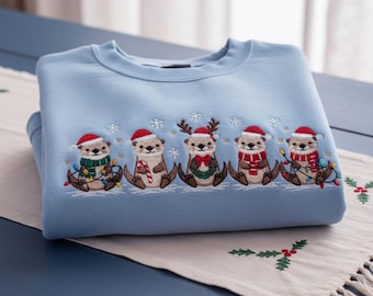 Sweat brodé loutre de Noël, col rond des fêtes pour les amoureux des loutres, pull père Noël loutres rennes, chemise faune océanique, cadeau animaux de Noël