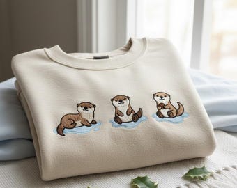 Sudadera bordada con nutrias marinas, cuello redondo para amantes de las nutrias, camiseta para mamá nutria, regalo para dueños de mascotas, regalo de animales para mujeres, sudadera con capucha de vida silvestre marina