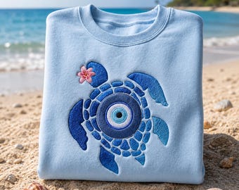 Sea Turtle Evil Eye Beach Embroidered Sweatshirt, Coastal Ocean Shirt, Summer Vacation Pullover, Cute Turtle Gift, Turtle Lover T-Shirt