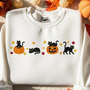 Embroidered Halloween Black Cat Sweatshirt, Pumpkin Fall Crewneck, Cat Lovers Tee, Spooky Season Shirt, Cozy Autumn Gift For Women