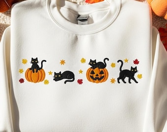 Sudadera con gato negro bordado de Halloween, cuello redondo de calabaza otoñal, camiseta para amantes de los gatos, camiseta de temporada espeluznante, regalo acogedor de otoño para mujer