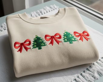 Embroidered Christmas Tree Bow Sweatshirt, Minimalist Holiday Crewneck, Coquette Festive Xmas Sweater, Cozy Winter Gift