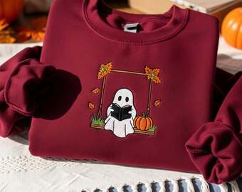Embroidered Ghost Book Sweatshirt: Spooky Season Reading Crewneck