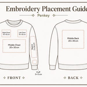 May include: An Embroidery Placement Guide by Penkey featuring a line drawing of a sweatshirt front and back. The diagram displays specific embroidery zones with measurements in centimeters, including chest, sleeve, cuff, and middle back areas.