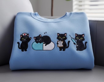 Sudadera de enfermera con gato negro bordado, cuello redondo con gato médico, camiseta de enfermera pediátrica, regalo acogedor para enfermeras, agradecimiento a las enfermeras