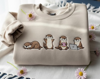 Sudadera bordada con nutrias marinas, sudadera con cuello redondo para amantes de las nutrias, sudadera con capucha para mamá nutria, regalo para dueños de mascotas, regalos de animales, camiseta con vida marina